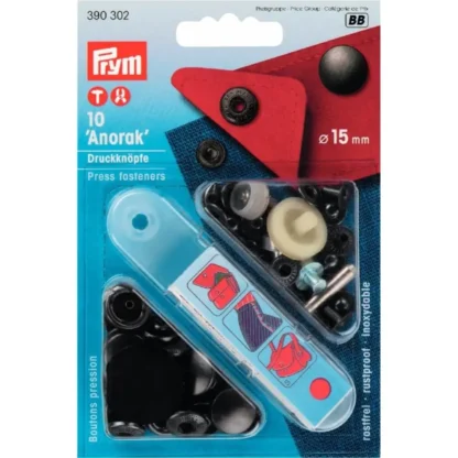 Prym Naaivrijdrukknoop anorak 15mm zwart - 10stuks
